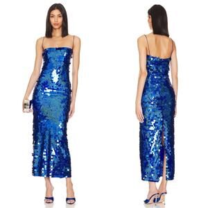 New Arrivals by Ilkyaz Ozel Blue Hologram Sequin Phoenix Midi Dress Sz 6